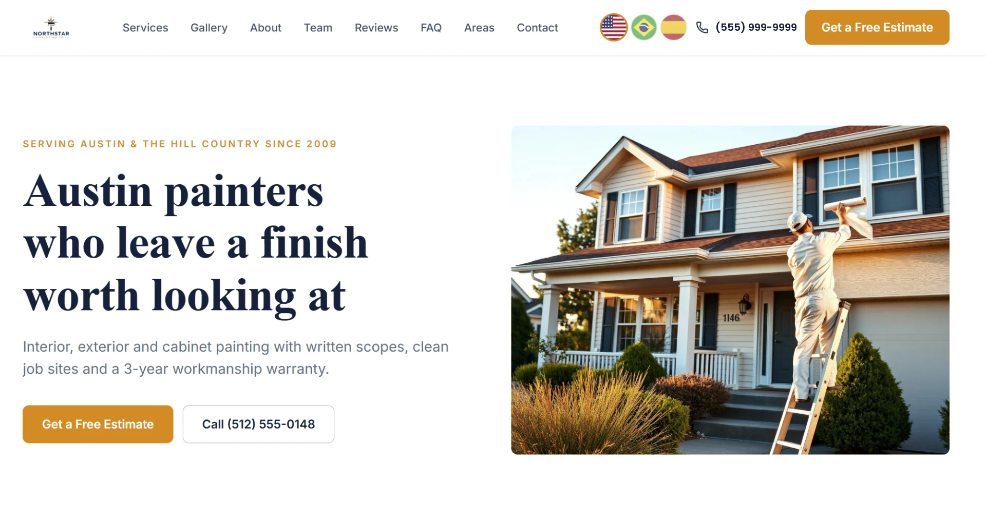 Demo website for a residential painting business, with a painter working on a house exterior in the hero section